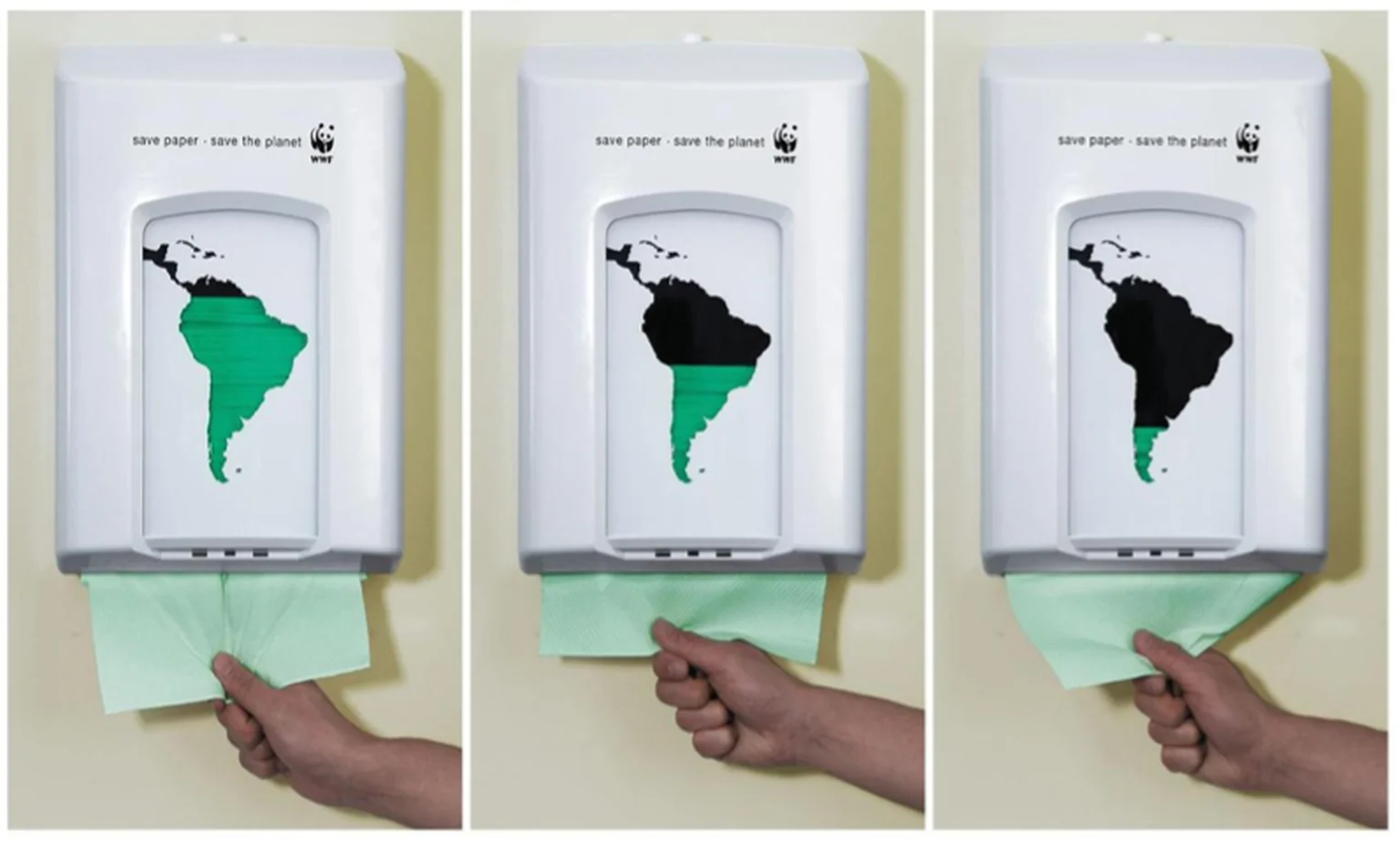 Example of a nudge: WWF paper towel dispenser showing a map that shrinks as paper is pulled, to encourage using less