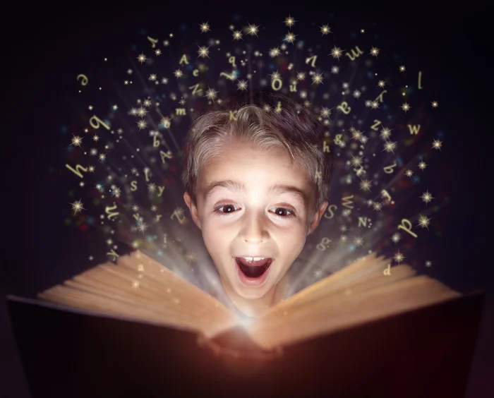 Child in awe of a book with glowing letters flying out of it, symbolizing the perceived magic of LLMs
