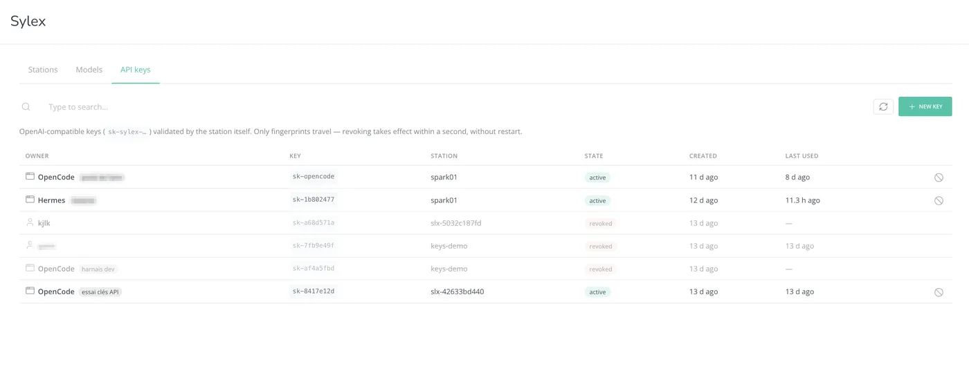 Sylex admin console: API key management per application