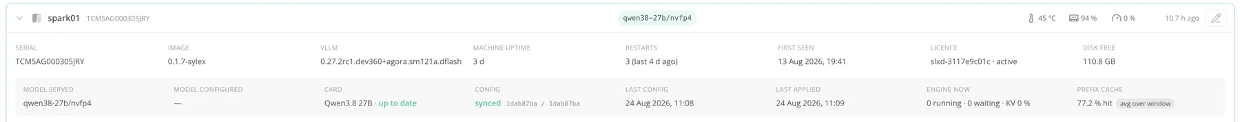 Sylex console: status of a station in production (uptime, model served, disk, license)