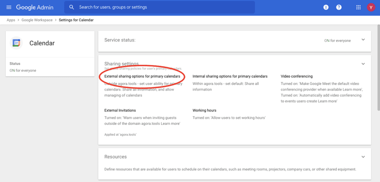 Google Admin Console : sharing settings